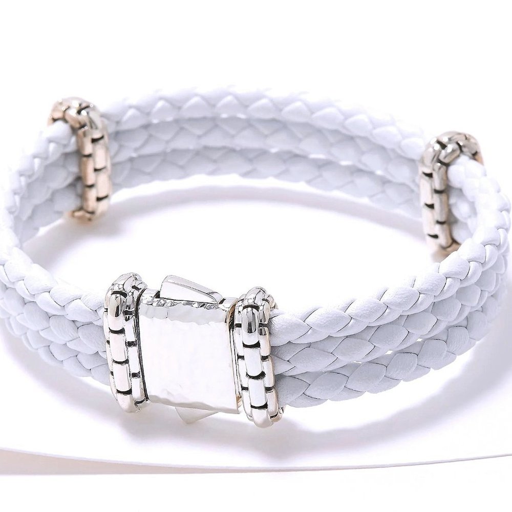 John Hardy JAI Triplet Braided Leather Strap Sterl Silver Bracelet 6-3/4"  WHITE